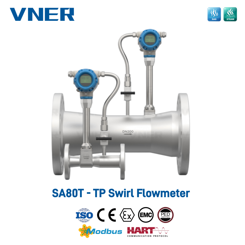 SA80T-TP-serie Swirl-flowmeter voor temperatuur-/drukcompensatie